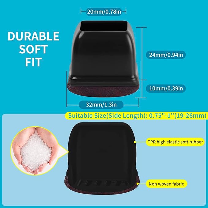 16PCS Silicone Chair Leg Caps, Chair Leg Floor Protectors for Hardwood Floors, Square Felt Chair Pads, Barstool Desk Black Furniture Feet Floor Protectors, Anti-Scratches, Reduce Noise(Fit: 0.75"-1") - Image 4
