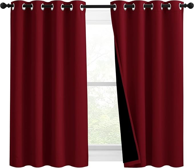 NICETOWN Kitchen Full Blackout Curtain Panels, Super Thick and Soft Insulated Window Covers, 100% Blackout Draperies with Black Backing for Cafe Window (Burgundy Red, Set of 2, 46 by 54-inch) by NICETOWN
