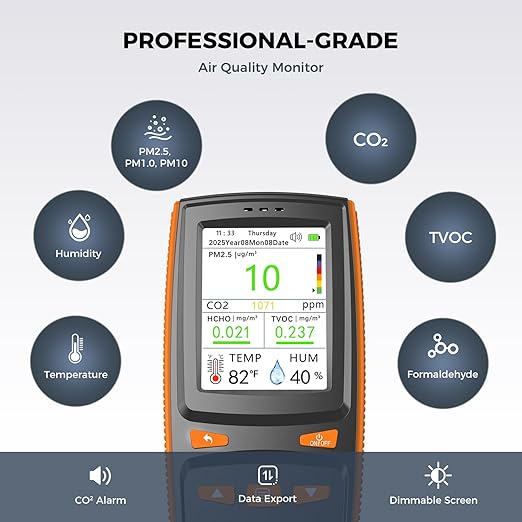 Air Quality Monitor, Indoor Air Quality Tester for CO2, TVOC, Formaldehyde, PM1.0/2.5/10, Temp & Humidity, with CO2 Alert, Data Storage, Adjustable Screen for Home, Office - Image 2