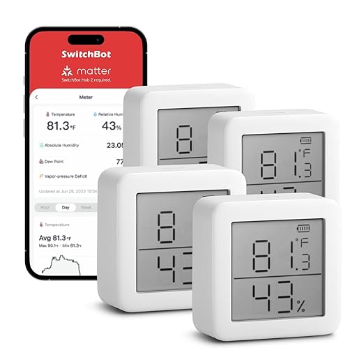 SwitchBot Smart Hygrometer Thermometer, Hygrometer Indoor Humidity Meter, Dewpoint/VPD/Absolute Humidity Sensor, Bluetooth Digital Temperature Monitor with Free Data Storage, 4-Pack by SwitchBot