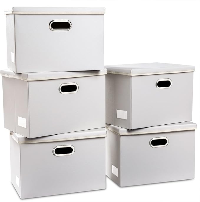 PRANDOM Large Stackable Storage Bins with Lids [5-Pack] Leather Fabric Foldable Storage Boxes Organizer Containers Baskets Cube with Cover for Bedroom Closet Office Nursery White (17.7x11.8x11.8) by Prandom