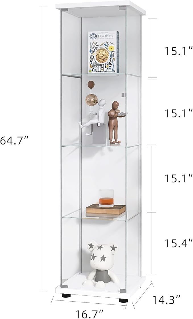Yoluckea 4 Shelves Glass Display Cabinet with Door,Floor Standing Clear Glass Curio Cabinet Collection Display Case for Living Room Bedroom 64”x17”x14.5” White - Image 2
