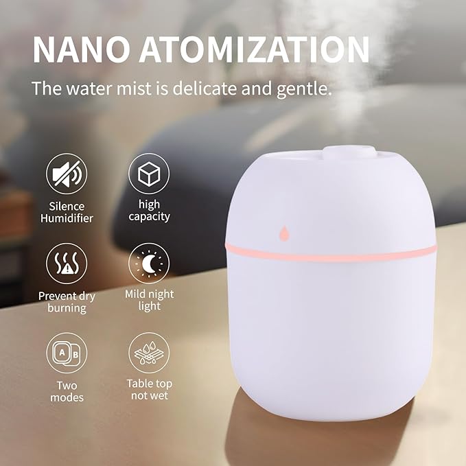 Portable Mini Humidifier Small Cool Mist Humidifier Personal Desktop USB Powered Super Quiet for Travel Car,Office,Baby Bedroom, Night Light, 2 Mist Modes, Auto Shut-off (pink) - Image 5