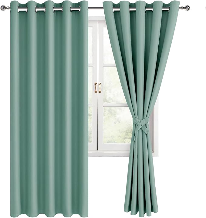 Hiasan Blackout Curtains for Bedroom, 60 x 63 Inches Length - Thermal Insulated & Noise reducing Window Curtains for Living Room, 2 Drape Panels Sewn with Tiebacks, Sage Green by Hiasan