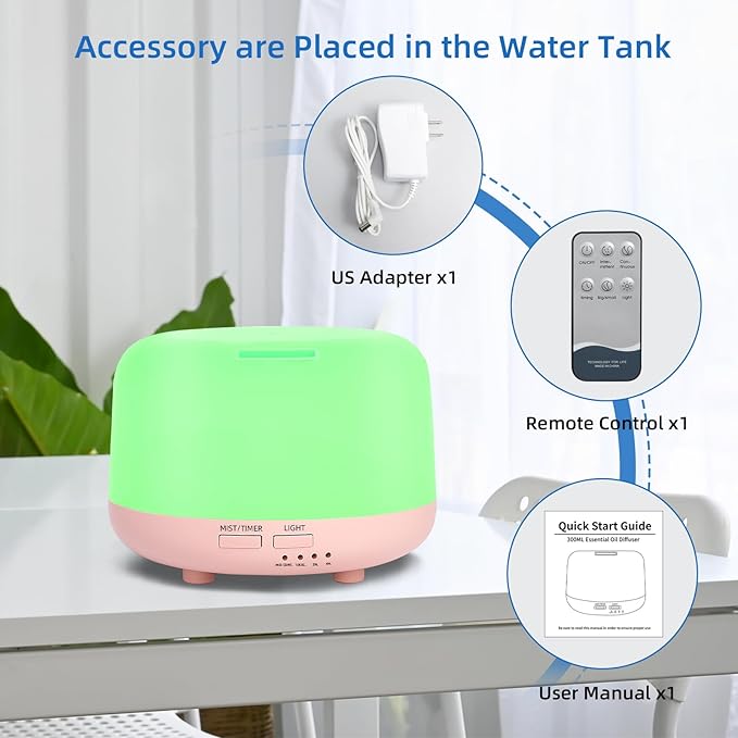 300ML Essential Oil Diffuser, Cool Mist Small Diffuser with Remote Control, 7 Color Changing LED Light, 4 Timer Settings,Waterless Safety Shut Off, for Bedroom, Room, Office(Pink) - Image 5