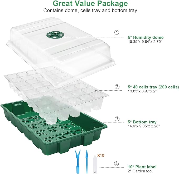 MIXC Seedling Trays Seed Starter Tray, 5-Pack Mini Propagator Plant Greenhouse Grow Kit with Humidity Vented Domes and Base for Seeds' Starting (40 Cells Per Tray, Total 200 Cells), Green - Image 7