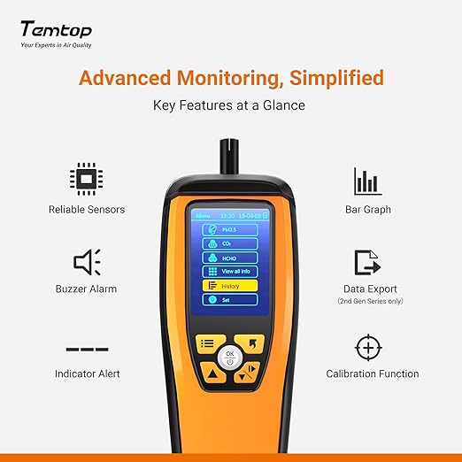 Temtop Air Quality Monitor CO2 Detector Professional Carbon Dioxide PM2.5 PM10 Formaldehyde Temperature and Humidity Monitor w/Audio Alarm Data Export (M2000 2nd) - Image 5