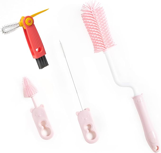 Chemimoso Silicone Spinning Bottle Cleaning Brush, 13.4in Long Handle Water Cup Bottles Cleaner for Baby Bottles, Sports Bottle, Glass Vase, Tumbler, with a Tiny Cup Lid Gap Cleaning Brush, x Pink by Unknown