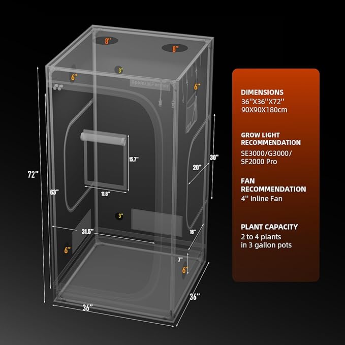 Spider Farmer 3x3 Grow Tent 2025 New, 36"x36"x72", with Hook for Controller and Power Strip, Enlarged View Window, 1680D Thicken Mylar Canvas for Indoor Hydroponic Growing for SF2000Pro, SE3000, G3000 - Image 8