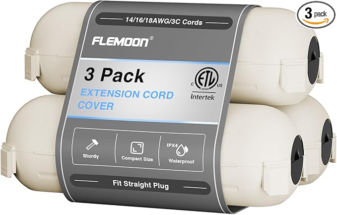 Flemoon [3 Pack] Outdoor Extension Cord Safety Cover with Waterproof Seal, Weatherproof Electrical Connection Box for Outdoor Outlet, Plug, Socket, Halloween, Christmas Holiday Decoration Light, White by FLEMOON