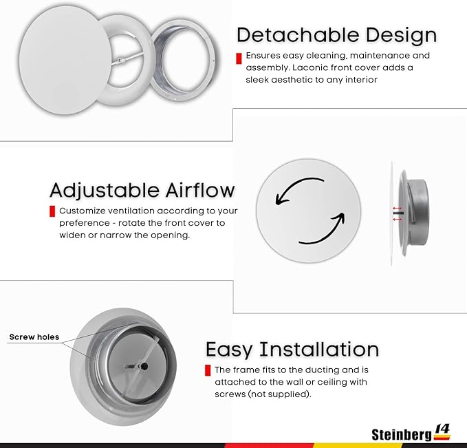 Steinberg14 White Air Vent Diffuser - 6.3 inch Vent Cover - Metal Adjustable Air Vent Covers - Supply Exhaust Wall Air Valve - Round Ceiling Diffuser - Extractor Fan Vent Cover - Round Soffit Vent - Image 6
