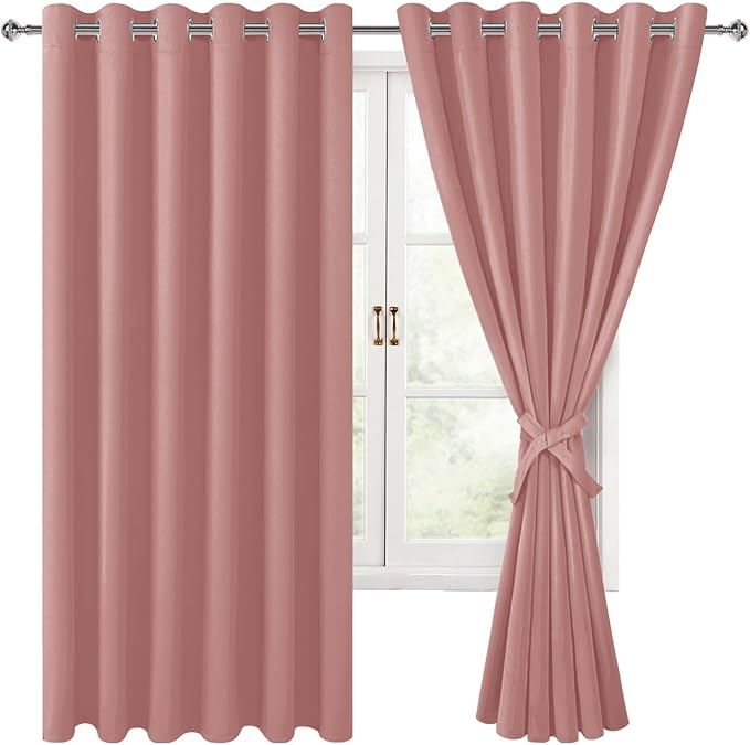 Hiasan Room Darkening Curtains for Bedroom, 70 x 63 Inches - Thermal Insulated & Energy Saving Window Drapes for Living Room/Dorm Room, Set of 2 Panels Sewn with Tiebacks, Dusty Rose by Hiasan