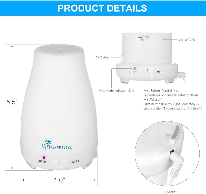 Diffuserlove 2 Pack 200ml Essential Oil Diffuser Ultrasonic Aromatherapy Diffuser Cool Mist Humidifiers with 7 Color LED Lights & Waterless Auto Shut-Off for Home Office Kitchen Bedroom - Image 7