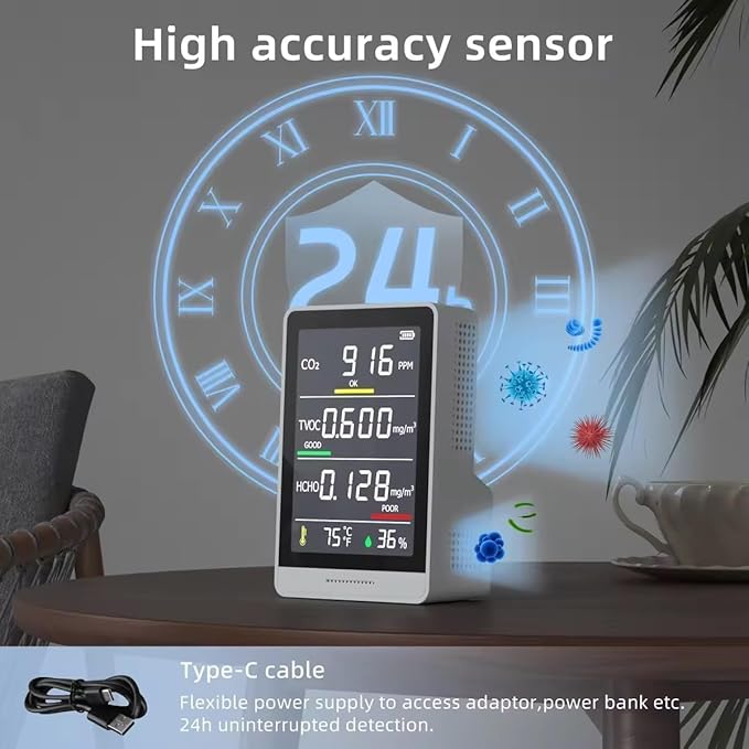 5-in-1 Professional Indoor Air Quality Monitor Indoor Portable CO2 Monitor | Temperature | Formaldehyde Detector | Humidity TVOC | Air Quality Tester - Confined Space Clean Air Monitor (Ink Grey) - Image 3