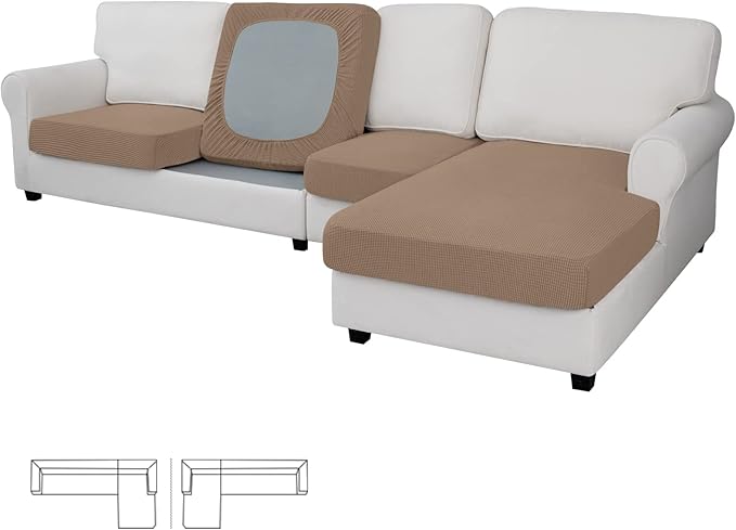 Easy-Going Stretch 4 Pieces Couch Cushion Covers for Sectional Sofa Left/Right L Shape Chaise Lounge Sofa Seat slipcover Anti-Slip Sofa Cover Soft (3 Seater + 1 Chaise, Camel) by Easy-Going