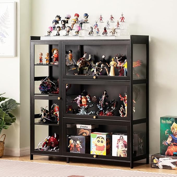 Display Cabinet with Acrylic Doors, 7 Storage Spaces Storage Cabinet & Curio Cabinet with Clear Acrylic Doors, Modern Black Bamboo & Composite Wood for Collectibles, Kitchen, Living Room by Unknown