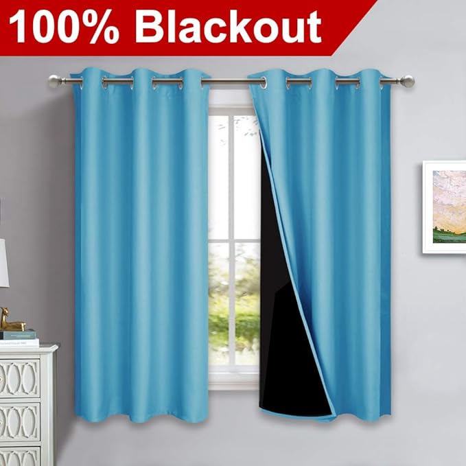 NICETOWN 100% Blackout Short Curtains with Black Liners, 2 Panels, 37" W by 63" L, Teal Blue, Solid Thermal Insulated Full Blackout 2-Layer Lined Drapes, Energy Efficiency Window Draperies for Bedroom - Image 2