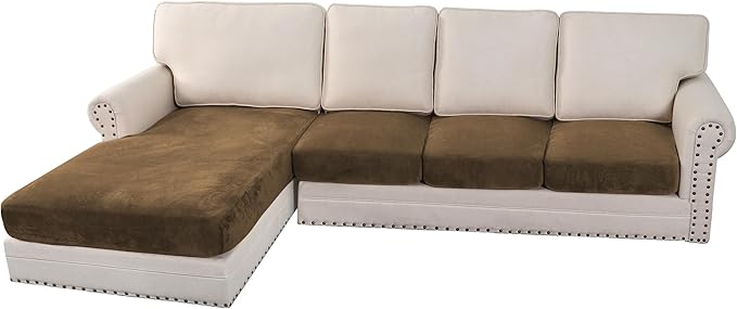 H.VERSAILTEX Velvet Stretch Sectional Couch Covers 4 Pieces Sofa Seat Cushion Covers L Shape Separate Couch Cover for Both Left/Right Sectional Couch (Large Sofa 3 Seater + 1 Chaise, Bronze Brown) by HVERSAILTEX