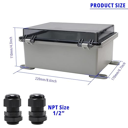 MAKERELE Small Waterproof Electrical Junction Box Clear ABS Plastic Dustproof Boxes Hinged Shell Outdoor Universal Project Enclosure with Clear Cover 8.6×6.7×4.3 inch (220×170×110mm) - Image 2