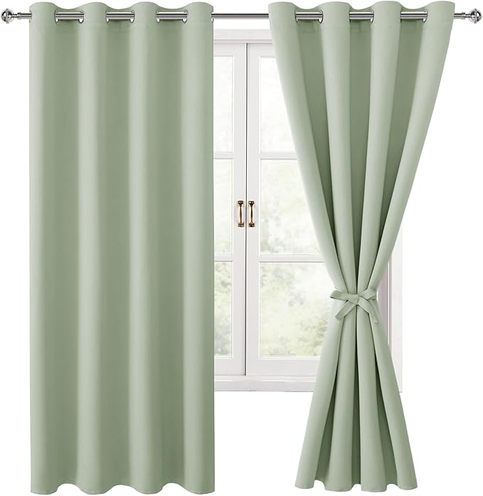 Hiasan Blackout Curtains for Bedroom, 52 x 63 Inches Length - Thermal Insulated & Light Blocking Window Curtains for Living Room/Kids Room, 2 Drape Panels Sewn with Tiebacks, Seafoam Green by Hiasan