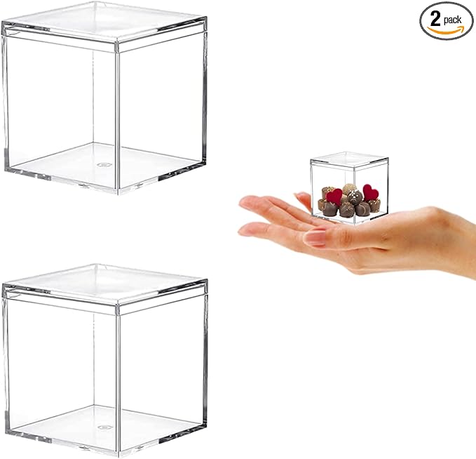 KissYou Small Acrylic Box Clear Display Case Plastic Square Cube 2 Packs Candy Box with Lid Jewelry Storage Contanier by KissYou