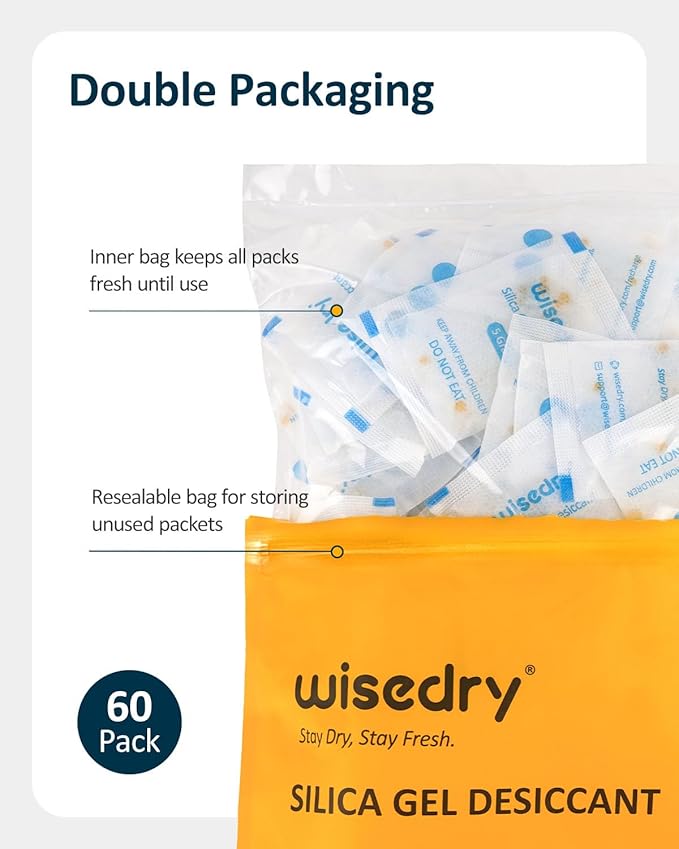 wisedry 5 Gram [60 Packs] Food Grade Silica Gel Packs Rechargeable Desiccant Dehumidifiers Pouches with Color-Indicating Beads Reusable Moisture Absorbers for Food Storage - Image 5