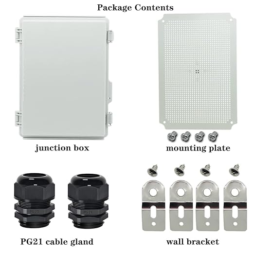 Zulkit Junction Box,IP67 Waterproof Electrical Box Hinged Cover Stainless Steel Buckle Plastic Enclosure for Project w Mounting Plate Wall Bracket and 2 Cable Gland Grey 13.8"x9.8"x5.9"/350x250x150mm - Image 6