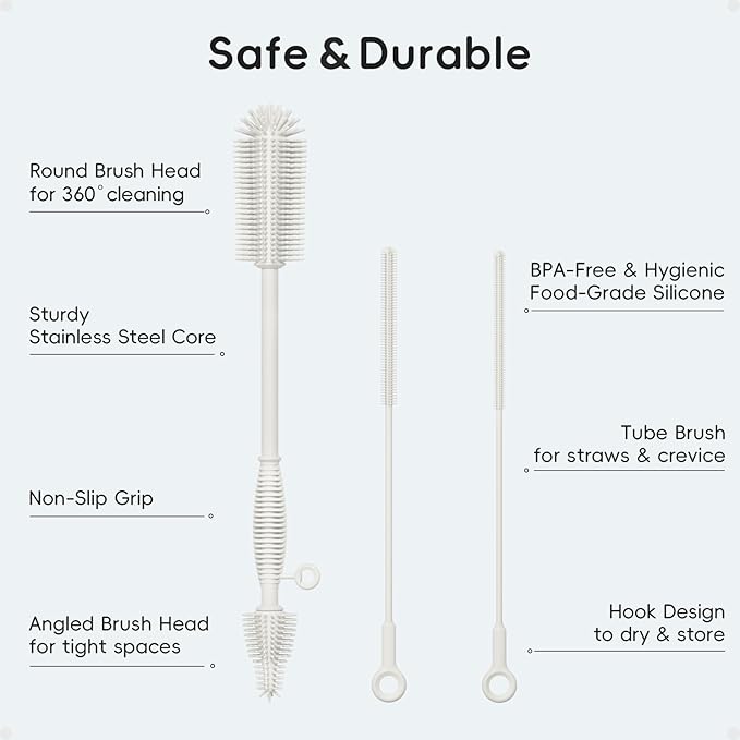 Silicone Cleaning Brush Kit,Water Bottle and Straw Cleaner Brush Set for Tumbler,Baby Bottle,Breast Pump Part,Nipple,Sippy Cup,Glass,Dishwasher Safe,BPA Free,3 Pcs - Image 2