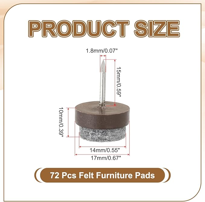 PATIKIL 17 mm Nail-on Felt Pads, 72 Pcs Round Felt Furniture Sliders Pads Heavy Duty Floor Protectors for Wooden Chair Sofa Cabinet Table Leg Feet Hardwood Floors, Brown - Image 2