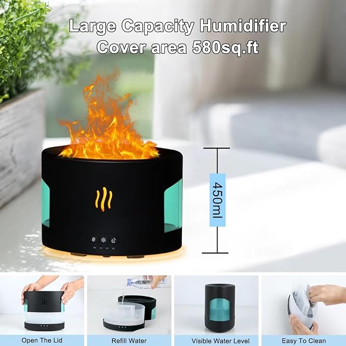 Oil Diffusers for Home large Room, 450ml Visible Water Tank, Air Diffuser Humidifier with Bluetooth Speaker, White Noise and Remote, Flame Humidifier for Bedroom,Office, 7 Colors Diffuser Gifts - Image 6