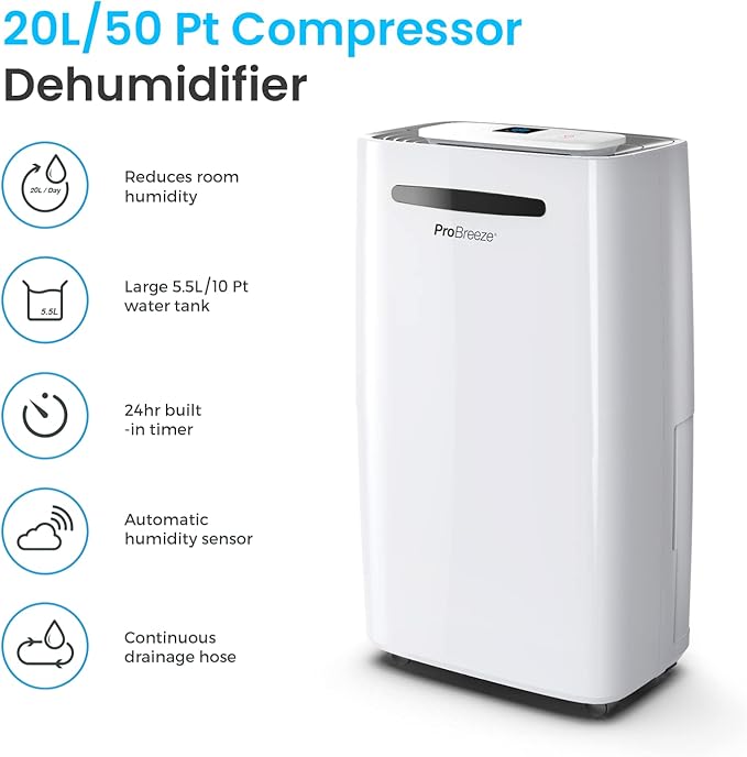 Pro Breeze 50 Pint Dehumidifier - 3,500 4,000 Sq Ft Dehumidifiers for Home Large Room Basements with Humidity Sensor, Auto Shut Off, Continuous Drainage Hose, Removes Moisture, Ideal for Basement - Image 2