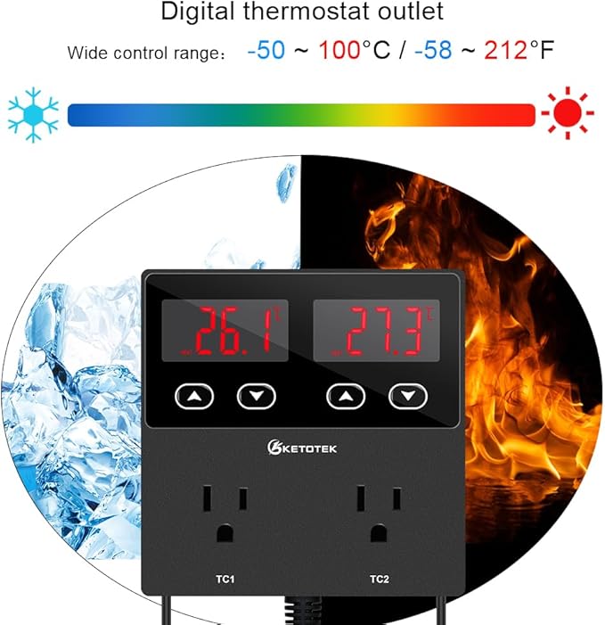 KETOTEK KT99pro Dual Digital Temperature Controller Outlet 10A Relay Heating Coolling Thermostat Controlled Socket with Sensor for Reptile Brewing Fermentation Breeding Incubation Greenhouse - Image 4