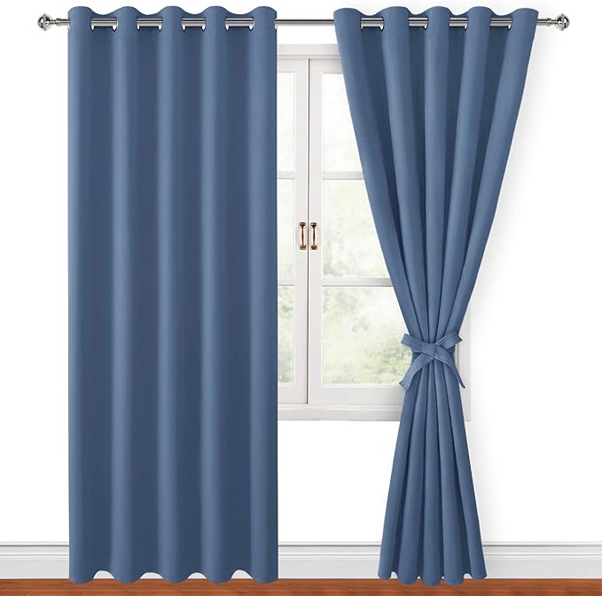 Hiasan Grommet Blackout Curtains for Bedroom, 60 x 72 Inches - Thermal Insulated & Light Blocking Window Drapes for Living Room/Dorm Room, Set of 2 Panels Sewn with Tiebacks, Blue Haze by Hiasan