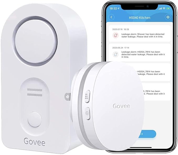 Govee WiFi Water Sensor 1 Pack, Smart Water Leak Detector, 100dB Adjustable Alarm Suit for Home and Basement, Water Leak Alert with Email & APP Push (Only Support 2.4G Wi-Fi) by Govee