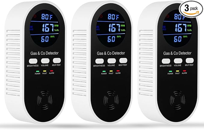 3 Packs 5-in-1 Combination Gas &Carbon Monoxide Detector,Plug-in Explosive Gas,Natural,Propane & CO Detector with °F & Humidity,3-Level Alarm & Digital Display, Battery Backup for Home,RV,Apartment by HembisenSafetyProducts