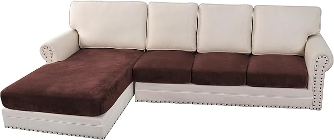 H.VERSAILTEX Velvet Stretch Sectional Couch Covers - 4 Piece L Shape Sofa Seat Cushion Set for 3 Seater + 1 Chaise (Brown) by HVERSAILTEX
