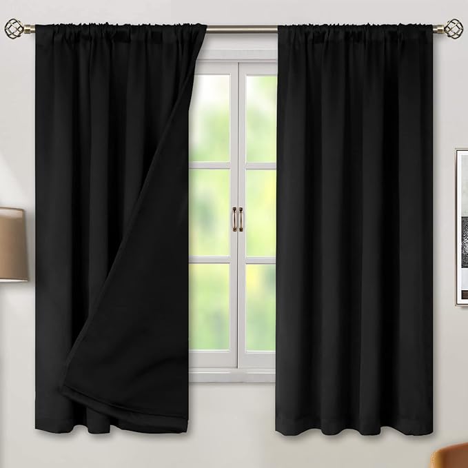 BGment Thermal Insulated 100% Blackout Curtains for Bedroom with Black Liner, Double Layer Full Room Darkening Noise Reducing Rod Pocket Curtain (42 x 63 Inch, Black, 2 Panels) by BGment