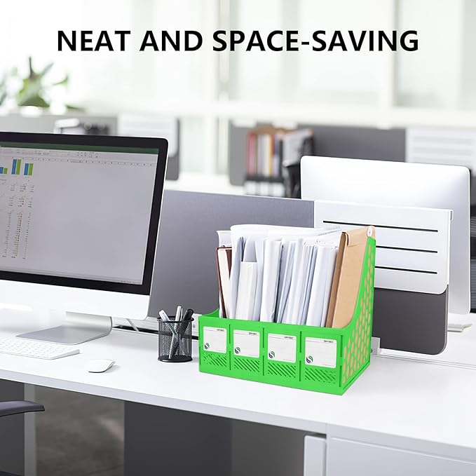 SAYEEC Magazine File Holder, Plastic Desk Organizer File Folder Holder for Desk with 4 Vertical Compartments, Sturdy Desktop Binder Organizer Home Accessories Storage for Office Organization (Green) - Image 7