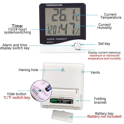 Temperature Humidity Meter,LCD Electronic Digital Outdoor/Indoor Thermometer Hygrometer with Clock Time Humidity Monitor for Home,Bedroom,Pet,Reptile,Plant,Greenhouse,Basement,Guitar (HTC-1) - Image 3