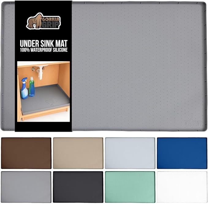 GORILLA GRIP Waterproof Silicone Under Sink Mat with Raised Lip for Kitchen and Bathroom, Cabinet Shelf Liner Stay in Place Mats Dishwasher Safe Drawer Liner, Organizer Tray, 19 x 22 in, Gray by GorillaGrip