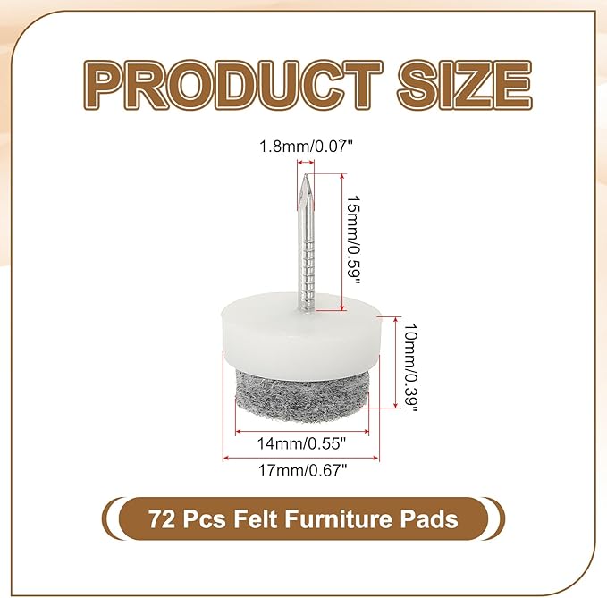PATIKIL 17 mm Nail-on Felt Pads, 72 Pcs Round Felt Furniture Sliders Pads Heavy Duty Floor Protectors for Wooden Chair Sofa Cabinet Table Leg Feet Hardwood Floors, White - Image 2