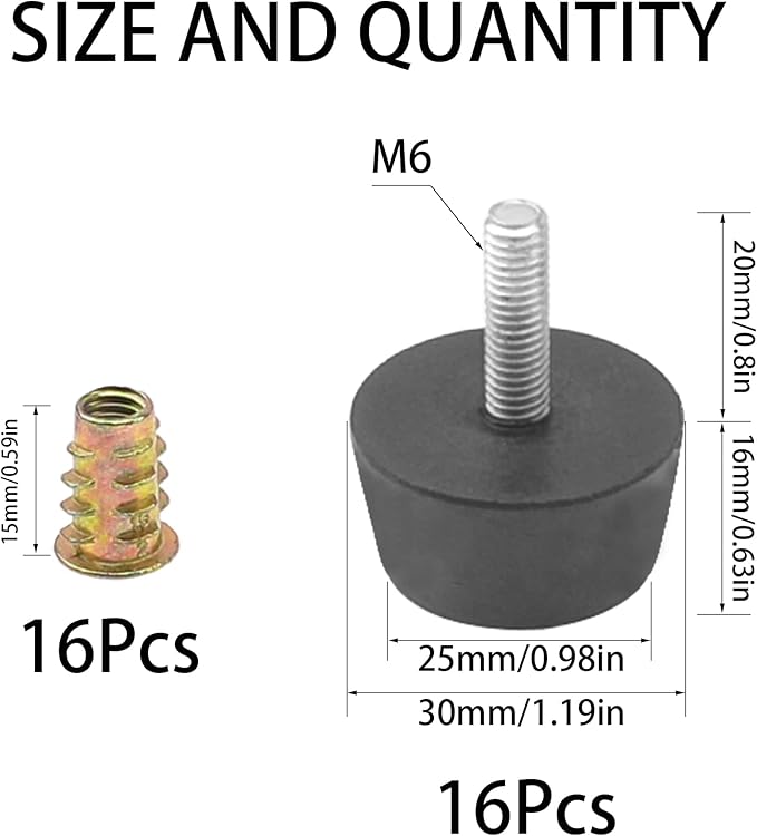16Pcs M6x20 Medium Hard Rubber Bumper Feet with Screw-in Nut for Furniture Glide Leveling Floor Protector - Image 2