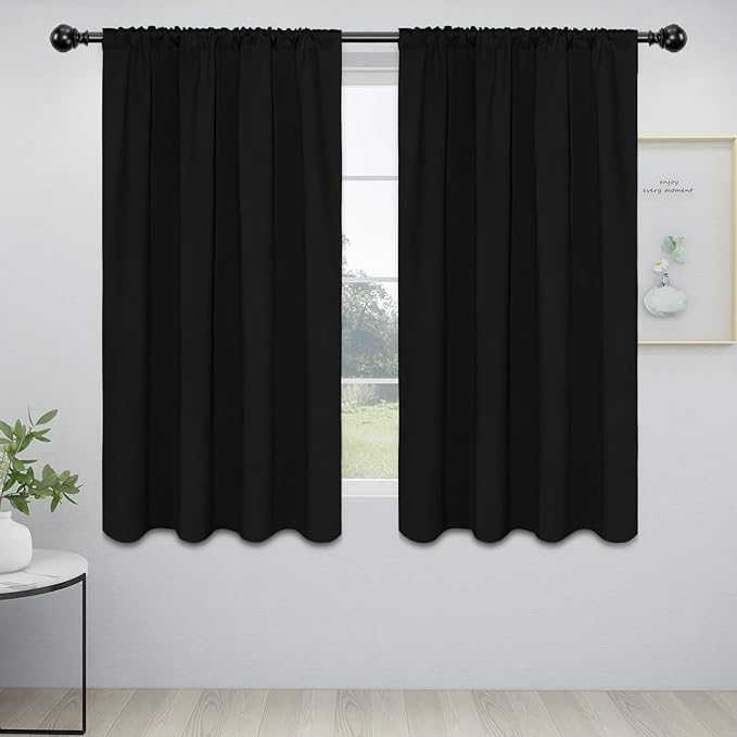 Easy-Going Rod Pocket Blackout Curtains for Bedroom, Room Darkening Window Curtains for Living Room, Thermal Insulated Noise Reduction Solid Window Drapes, 2 Panels(52x56 in, Black) by Easy-Going