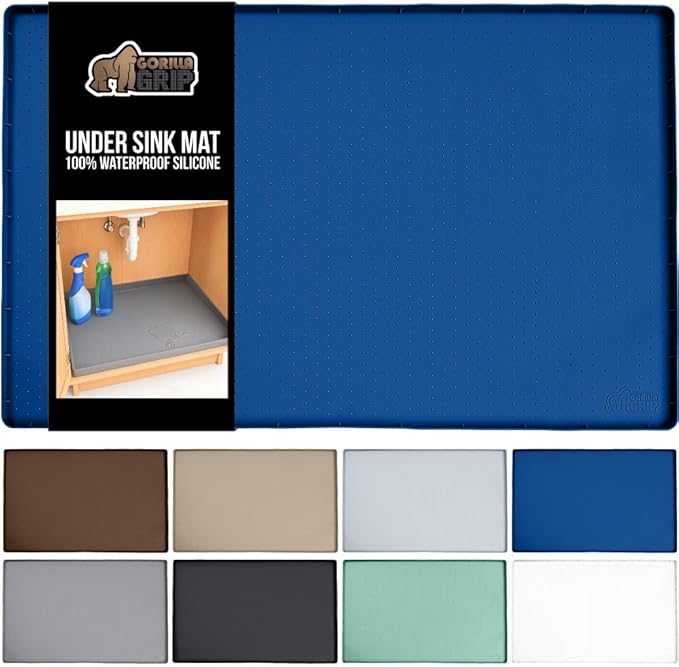 GORILLA GRIP Waterproof Silicone Under Sink Mat with Raised Lip for Kitchen and Bathroom, Cabinet Shelf Liner Stay in Place Mats Dishwasher Safe Drawer Liner, Organizer Tray, 19 x 22 in, Blue by GorillaGrip