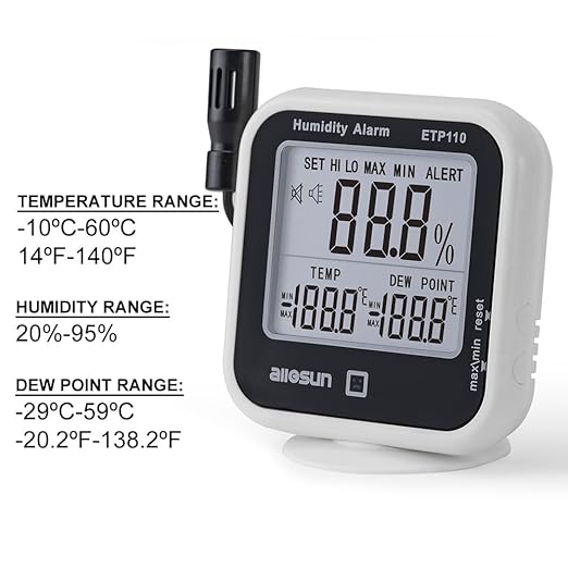 ALLOSUN Digital Thermometer Hygrometer Indoor Humidity Greenhouse Temperature Monitor Alarm Long Probe Gauge Dew-Point Meter with LCD Display - Image 3