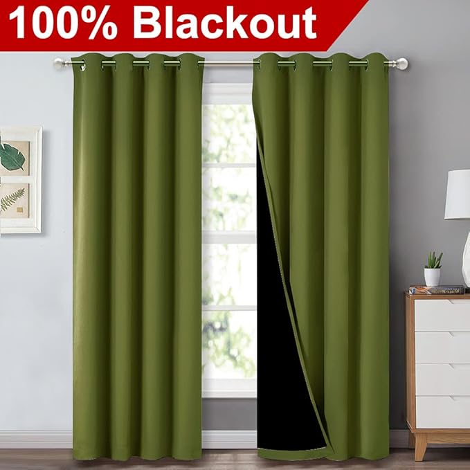 NICETOWN 100% Blackout Curtain Set, Thermal Insulated & Energy Efficiency Window Draperies for Guest Room, Full Shading Panels for Shift Worker and Light Sleepers, Olive Green, 52W x 84L, 2 PCs - Image 2