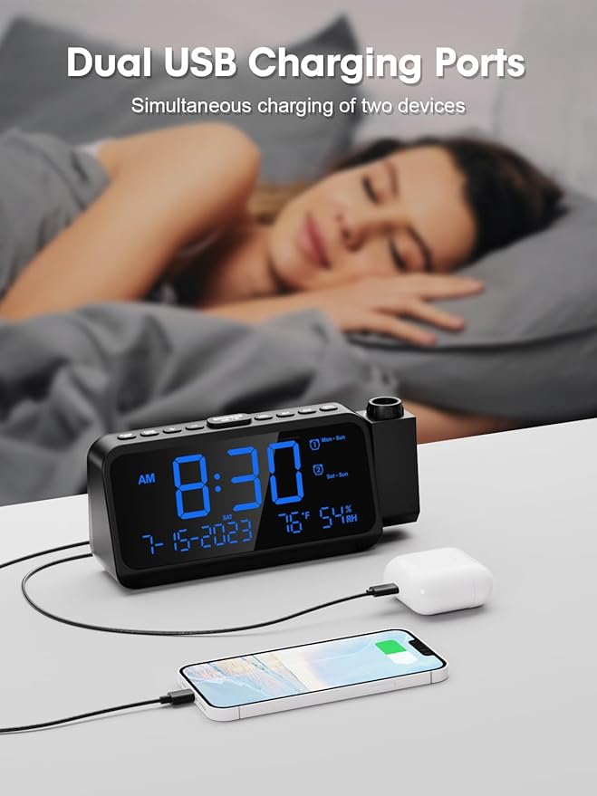 ROCAM Projection Alarm Clock for Bedroom Ceiling, Digital Clock with 180° Projector with 5-Level Dimmer, Dual Loud Alarm with Weekend/Weekday Mode, Date, Temp, Humidity, Night Light, DST, Snooze - Image 7