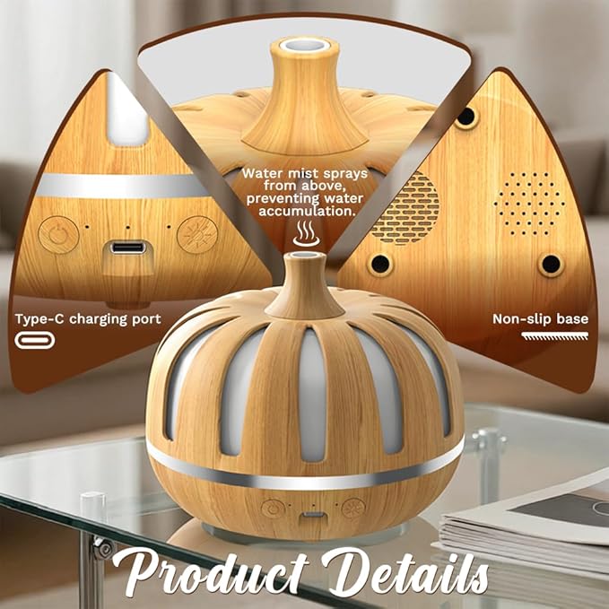 Essential Oil Diffuser 300ml for Home Bedroom, Aromatherapy Oil Diffuser with 3H 6H Timer, 7 Color Light, USB Type-C, Pumpkin Design, Auto Shut-Off(Light Woodgrain, Pumpkin) - Image 3