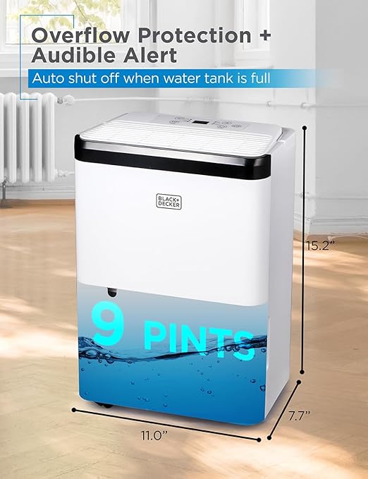 BLACK+DECKER 1000 Sq. Ft. Dehumidifier for Home, Bedroom and Basement, Up To 9 Pints Per Day, ENERGY STAR Certified, 3.3-Pint Bucket, LED Display, Auto Defrost & Restart, BDT08TW, White - Image 4