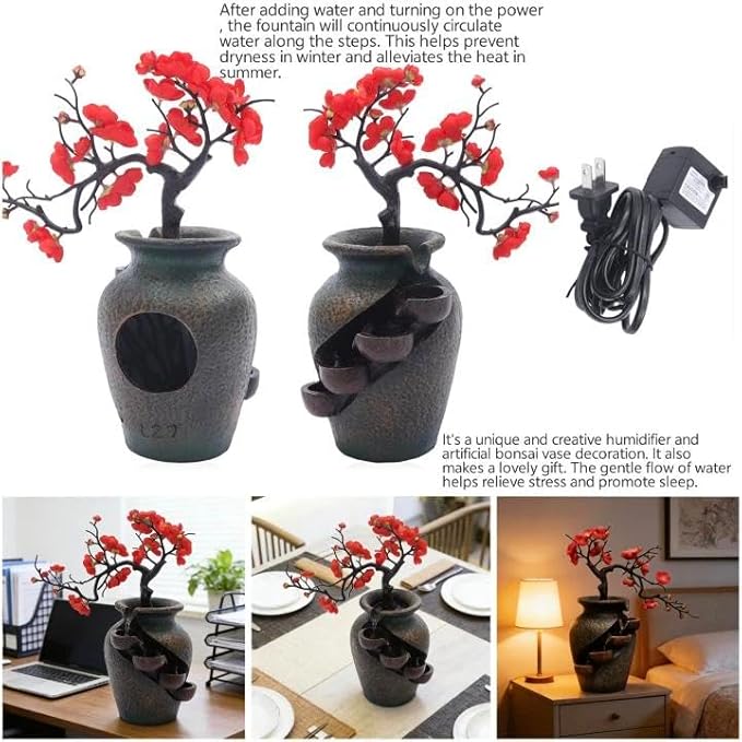 16" Flower Ornament Vase Decorative Bonsai Mini Tabletop Waterfall Fountain Indoor with Water Flow & Artificial Bouquet, Desktop Water Fountains Restaurant Coffee Home Decor or Festival Birthday Gift - Image 3